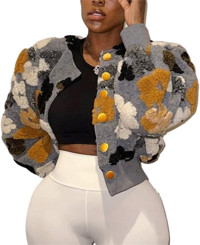 Women'S Cropped Floral Print Bomber Jacket Long Sleeve Button down Coat Outerwear